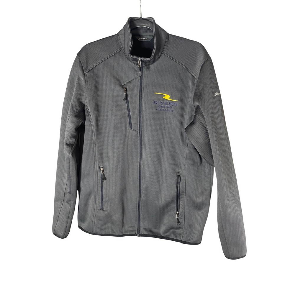 Eddie Bauer Mens Gray Grid Fleece Full Zip Jacket Rivers Casino Portsmouth XL